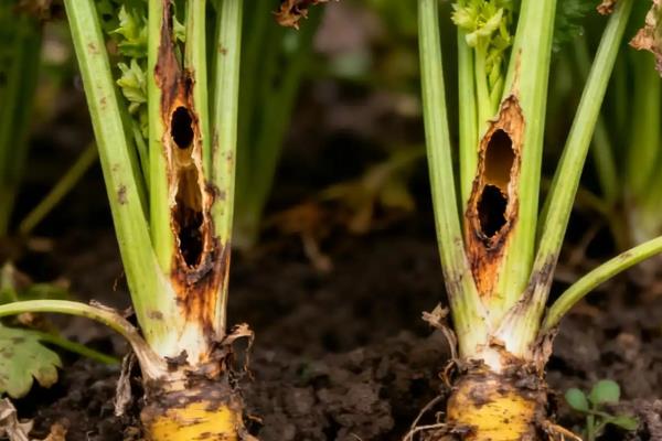 芹菜发生烧心病的症状，初期心叶生长点的柔嫩组织由绿变成褐色